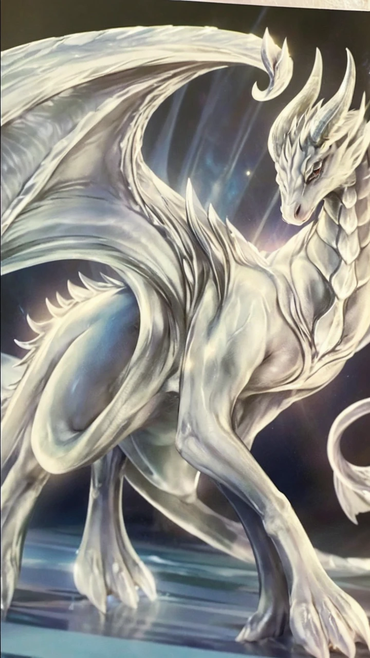 crystalline white dragon with friendly and soft features with a circle of silver energy between the two white horns and paws with sacred geometry shining in sky blue 