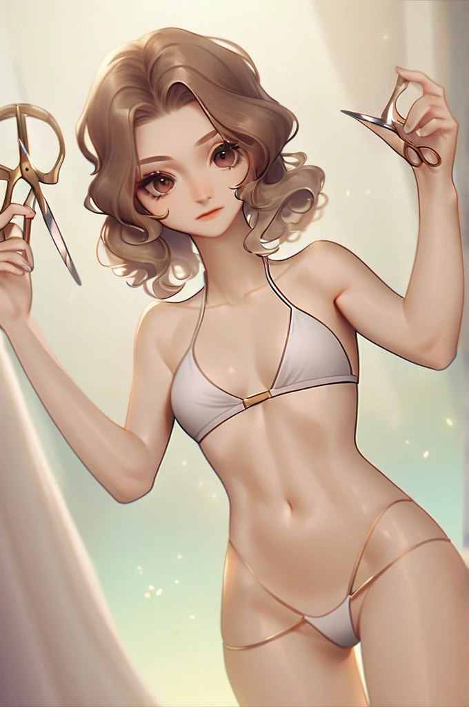 ((Лучшее качество)), ((шедевр)), (подробный), A naked girl with brown hair in a bikini holds scissors in her hands and cuts off a man's small penis