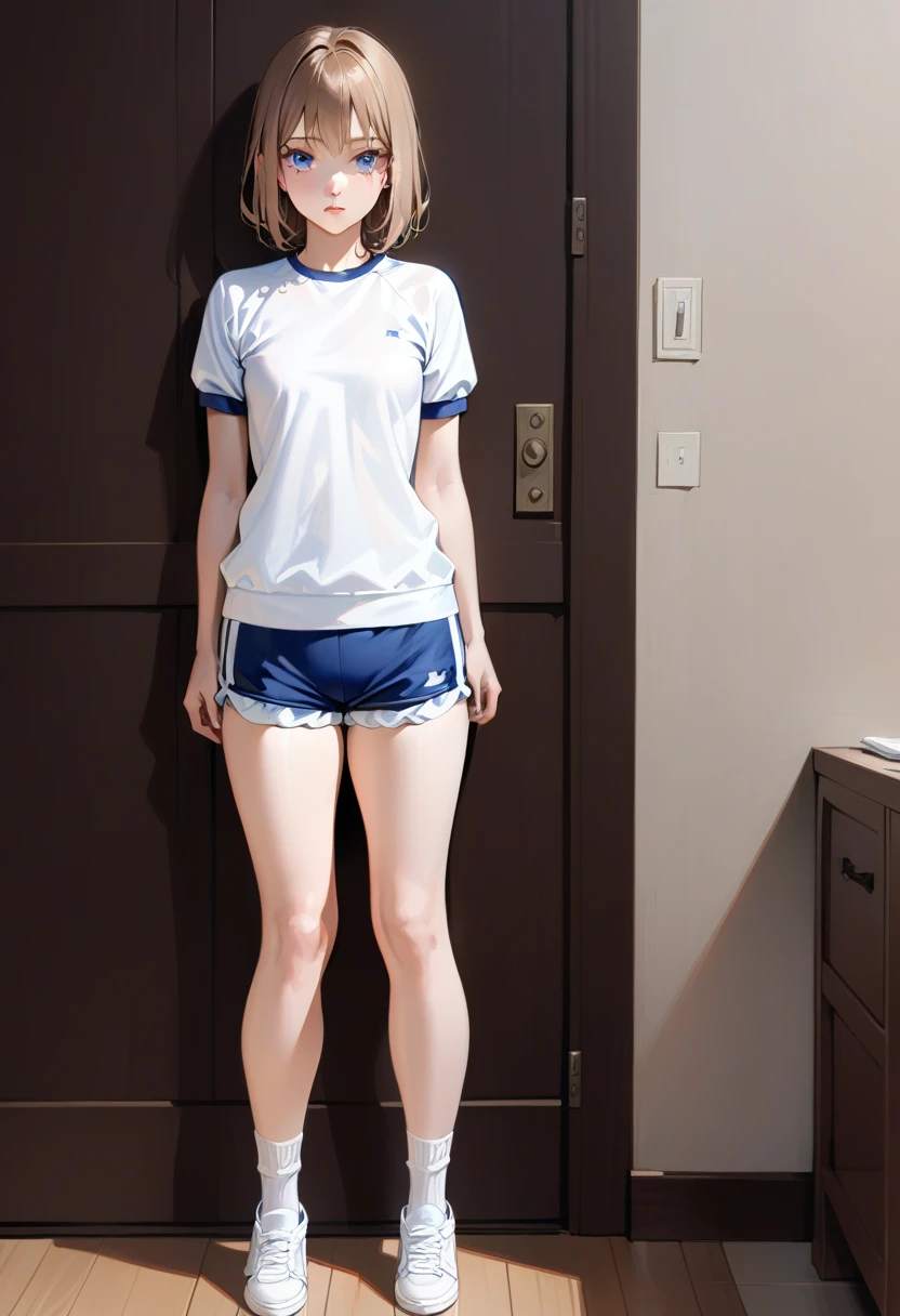 masterpiece, high quality, Small breasts, One Girl, Are standing, Temporarily stop, Temporarily stop,  Gym suit, Shorts, Bloomers,  whole body, shirt,blue eyes, Realistic