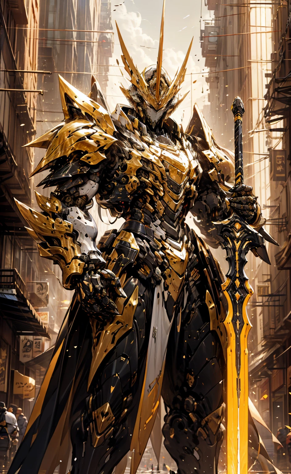 arafed image of a robot with a sword in a city, from arknights, guilty gear strive splash art, gold paladin, style of duelyst, epic paladin armor, arknights, ares with heavy armor and sword, cool mecha style, krenz cushart and wenjun lin, 8k hd wallpaperjpeg artifact