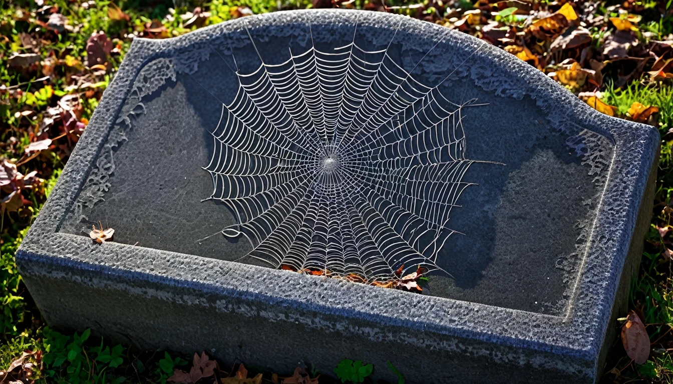 A spider web delicately draped over a forgotten tombstone, a haunting reminder of the spider's patient and deadly nature.