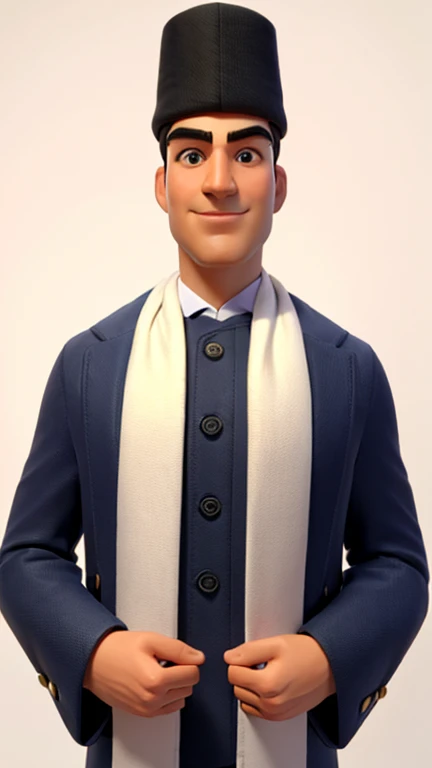 Realistic 3D caricature. Big head. "A man with a friendly expression, tall, thin body, oval face shape. oval chin, handsome, slightly round eyes, white skin, wearing a dark blue traditional dress with a row of buttons on the front. He wears a white scarf around his neck and a black hat with intricate white embroidery. The man smiles warmly and holds the ends of his scarf with both hands. He has short black hair and wears a ring on his left hand. The background should be plain white. Use soft photography lighting with hair lighting, edge lighting, and top lighting. Very high detail photo.