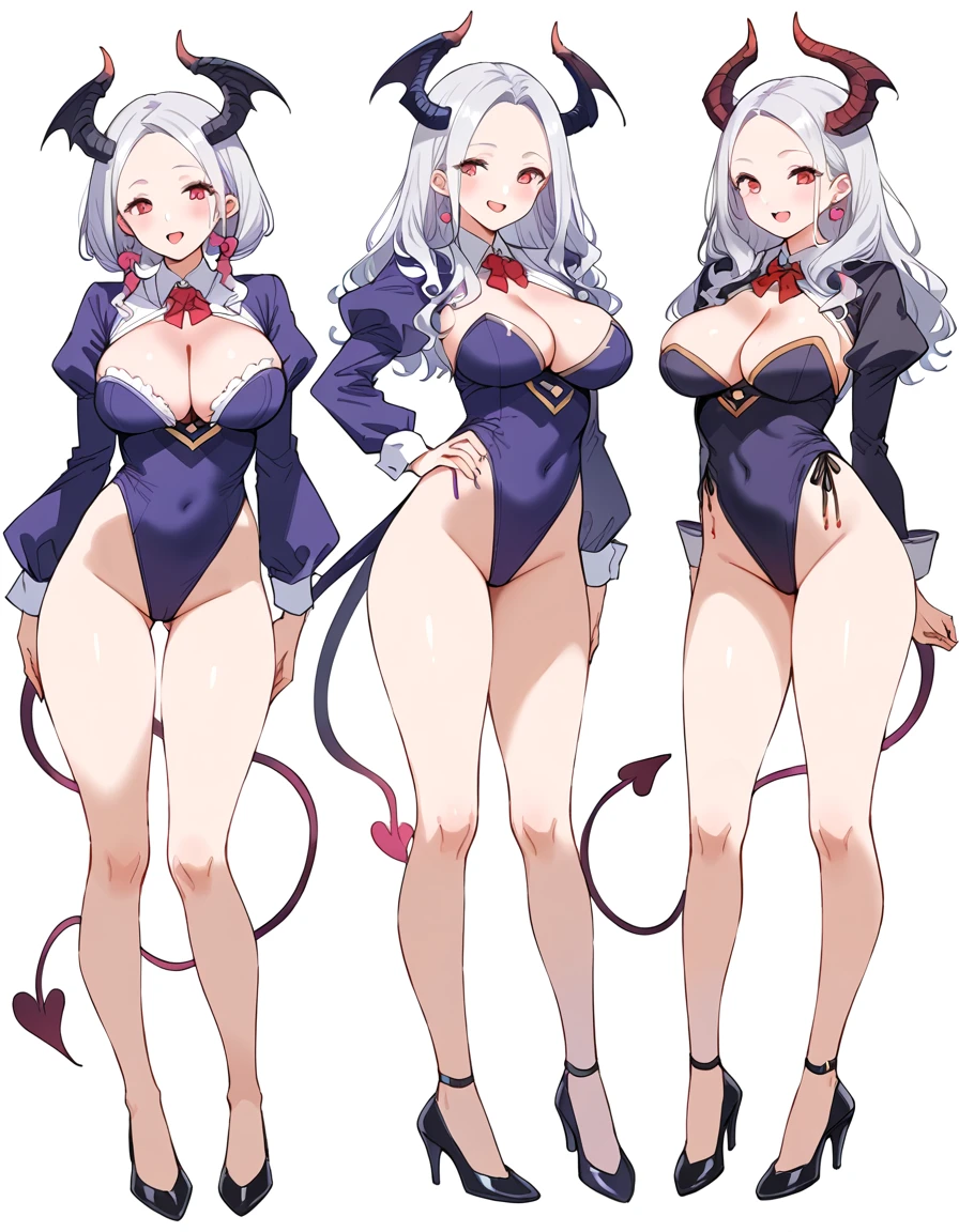 3 girls, variety of hairstyles, high fantasy costume, ((white background)), full body, multiple views, succubus, thong, shrug, leotard, cleavage, short tie, forehead,