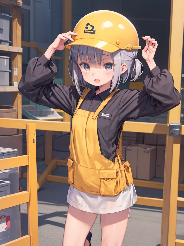 One Girl、、Gray work clothes、Yellow construction helmet、Scene cat pose、Standing on one leg、Bend your knees、bend arms、Open your mouth、Point and confirm、Construction site、All right!!、Upper Body、