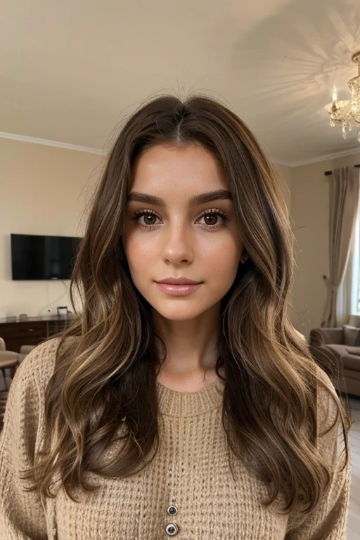 Beautiful brunette with blonde highlights in a beige sweater (in a detailed room, 22 ans, visage innocent, Chocolat brun, wavy hair, yeux marrons similaires, high resolution, head of&#39;artwork, best quality, intricate details, very detailed, sharpness, detailed skin, texture de peau realistic, texture, detailed eyes, Professionnel, 4K, charming smile, pouty lips, filmed on Canon, 85 millimeters, Slight depth of field, Kodak Vision Color, corps parfaitement ajusté, extremely detailed, photographe_(ultra), photorealistic, realistic, Post-traitement, maximum detail, roughness, real life, ultra realist, photorealism, la photographie, 8k uh, la photographie, beautiful, ultra realistic, Even the complexion, hair does not cover the face)