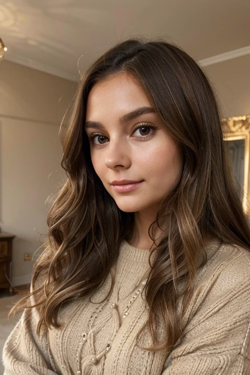 Beautiful brunette with blonde highlights in a beige sweater (in a detailed room, 22 ans, visage innocent, Chocolat brun, wavy hair, yeux marrons similaires, high resolution, head of&#39;artwork, best quality, intricate details, very detailed, sharpness, detailed skin, texture de peau realistic, texture, detailed eyes, Professionnel, 4K, charming smile, pouty lips, filmed on Canon, 85 millimeters, Slight depth of field, Kodak Vision Color, corps parfaitement ajusté, extremely detailed, photographe_(ultra), photorealistic, realistic, Post-traitement, maximum detail, roughness, real life, ultra realist, photorealism, la photographie, 8k uh, la photographie, beautiful, ultra realistic, Even the complexion, hair does not cover the face)