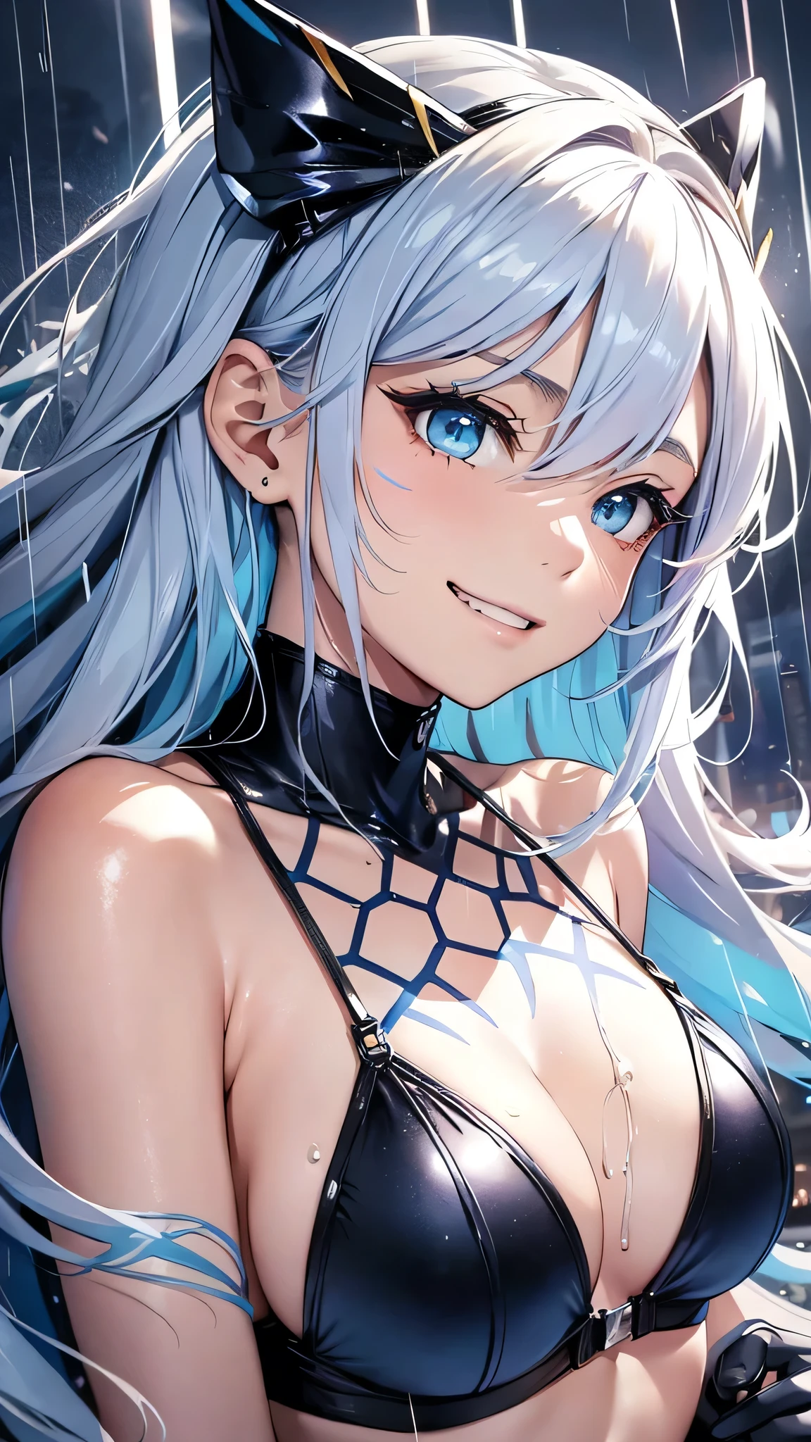 最high quality、Best image quality、masterpiece、With a girl((cute、、Best Bust、Medium Bust、Bust 85,Beautiful Blue Eyes、Spread your chest wide,Blonde lointail、Slender、The best valley、、Black Bikini、,Show the whole body、Black perforated gloves,Blue Mesh,Leaning forward greatly、Blue Sports Sunglasses、Blue Intercom,My whole body is wet、Face Paint、Grin、)）high quality、Beautiful art、background((Night City、heavy rain、Lightning strikes、squirt)),Tabletop、Exquisite design、Visual Arts、Depth of written boundary、Best lighting、Highest detail、8ｋ