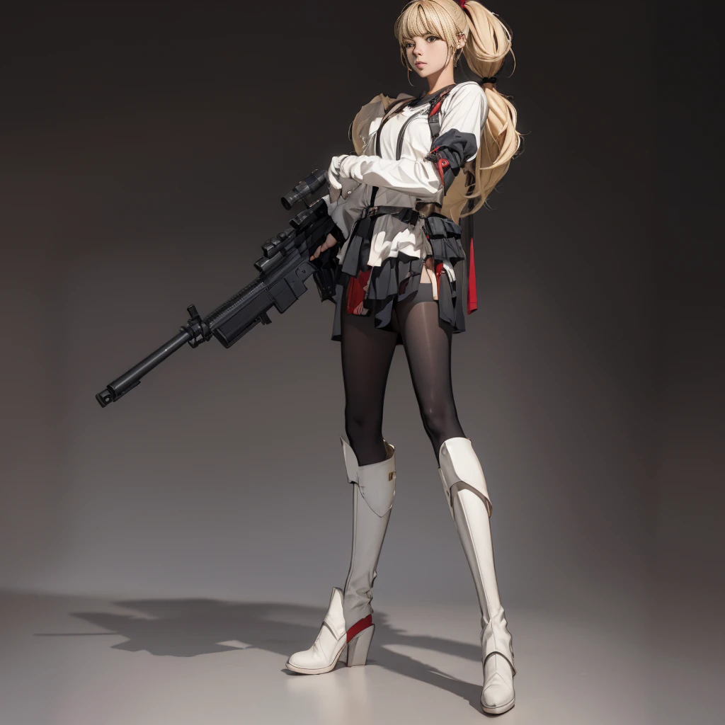 Elaizaikedareal, 1girl, solo, short hair, skirt, blonde hair, red eyes, gloves, ponytail, weapon, pantyhose, hairband, boots, holding weapon, gun, black pantyhose, rifle, one knee, sniper rifle, scope, shell casing
