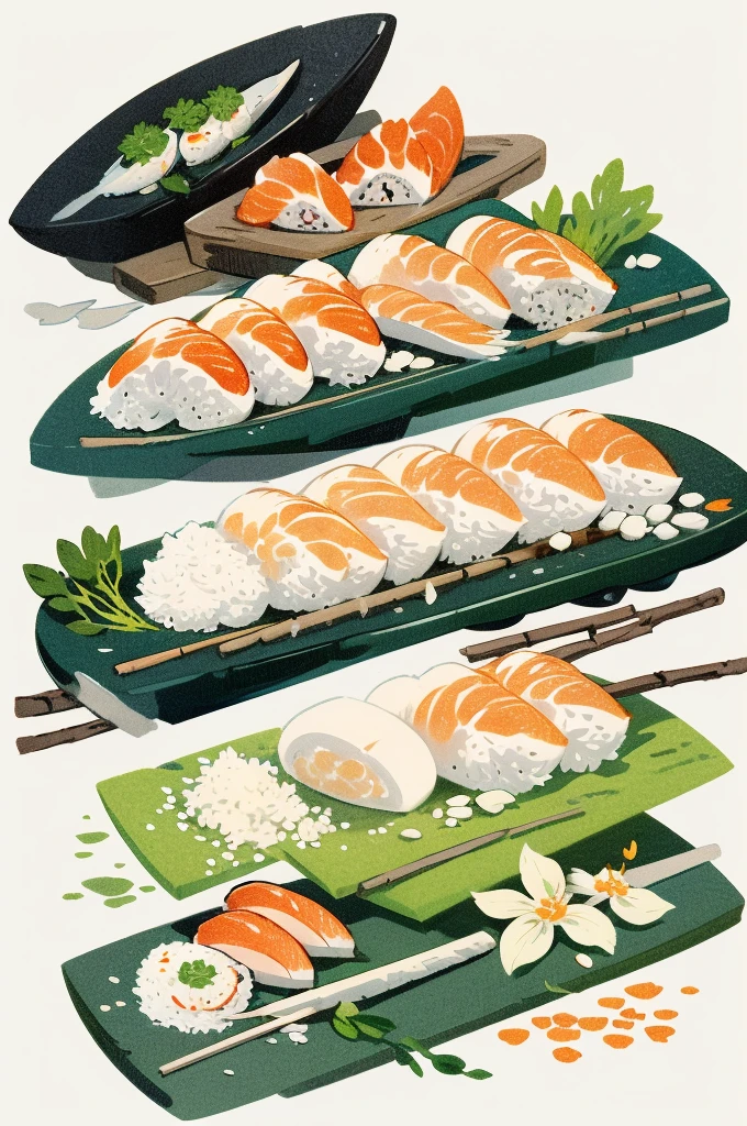 Illustration: Simple woodblock printing style. Nigiri sushi rice is shaped into small balls and then raw fish or other seafood is placed on top of the rice. Wasabi is often used between the rice and fish. Sometimes a seaweed rope may be used to tie them. 1 pair placed on a wooden tray with a wasabi stick and a soy sauce bottle.