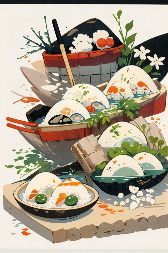 Illustration: Simple woodblock printing style. Nigiri sushi rice is shaped into small balls and then raw fish or other seafood is placed on top of the rice. Wasabi is often used between the rice and fish. Sometimes a seaweed rope may be used to tie them. 1 pair placed on a wooden tray with a wasabi stick and a soy sauce bottle.