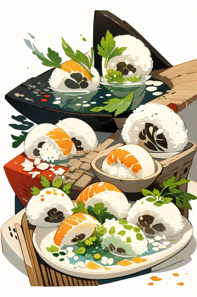 Illustration: Simple woodblock printing style. Nigiri sushi rice is shaped into small balls and then raw fish or other seafood is placed on top of the rice. Wasabi is often used between the rice and fish. Sometimes a seaweed rope may be used to tie them. 1 pair placed on a wooden tray with a wasabi stick and a soy sauce bottle.