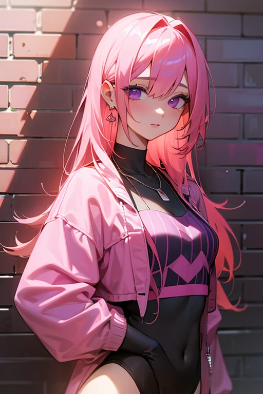 (masterpiece, Best quality, 1 girl, One, complex parts, Chromatic aberration), realistic, ((average breathing)),long hair, pink hair, red head decoration, pink highlights, hair over one eye,purple eyes, earrings, keen eyes, necklace, neon shirt, open jacket, crop top, (eye symmetry),(perfect symmetrical body),near the wall, Brick wall, graffiti, dim lighting, lane ,look at the viewer