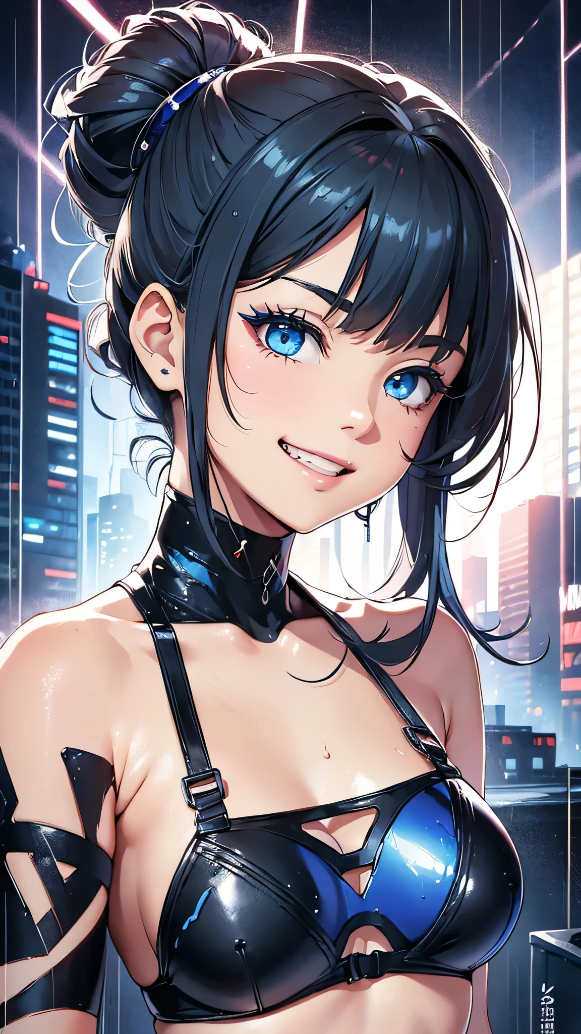 最high quality、Best image quality、masterpiece、With a girl((cute、、Best Bust、Medium Bust、Bust 85,Beautiful Blue Eyes、Spread your chest wide,Blonde lointail、Slender、The best valley、、Black Bikini、,Show the whole body、Black perforated gloves,Blue Mesh,Leaning forward greatly、Blue Sports Sunglasses、Blue Intercom,My whole body is wet、Face Paint、Grin、)）high quality、Beautiful art、background((Night City、heavy rain、Lightning strikes、squirt)),Tabletop、Exquisite design、Visual Arts、Depth of written boundary、Best lighting、Highest detail、8ｋ