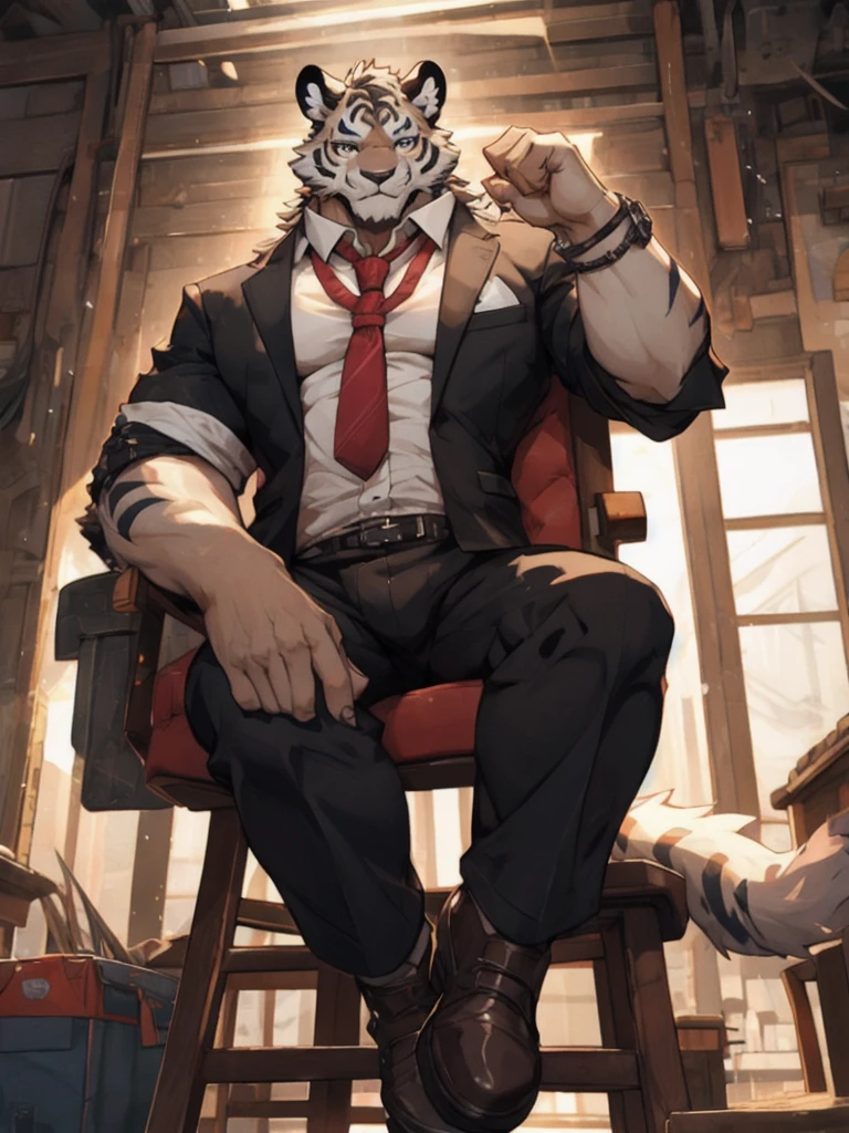 {{bara extremely handsome white tiger,}} {{white fur,}} white, wearing ornate suit, trousers, white dress shirt and necktie, white fluffy furry body and limbs, loafers, very tall, very broad shoulders, narrow waist, muscular arms, massive pecs, purple eyes, very long legs, sitting on swivel chair with legs spread, from below perspective, massive bulge, sophisticated hot look, sexy pose, full body, sunlight casting over, 3/4 view, best quality, high quality, silver earring on left ear, sultry smirk