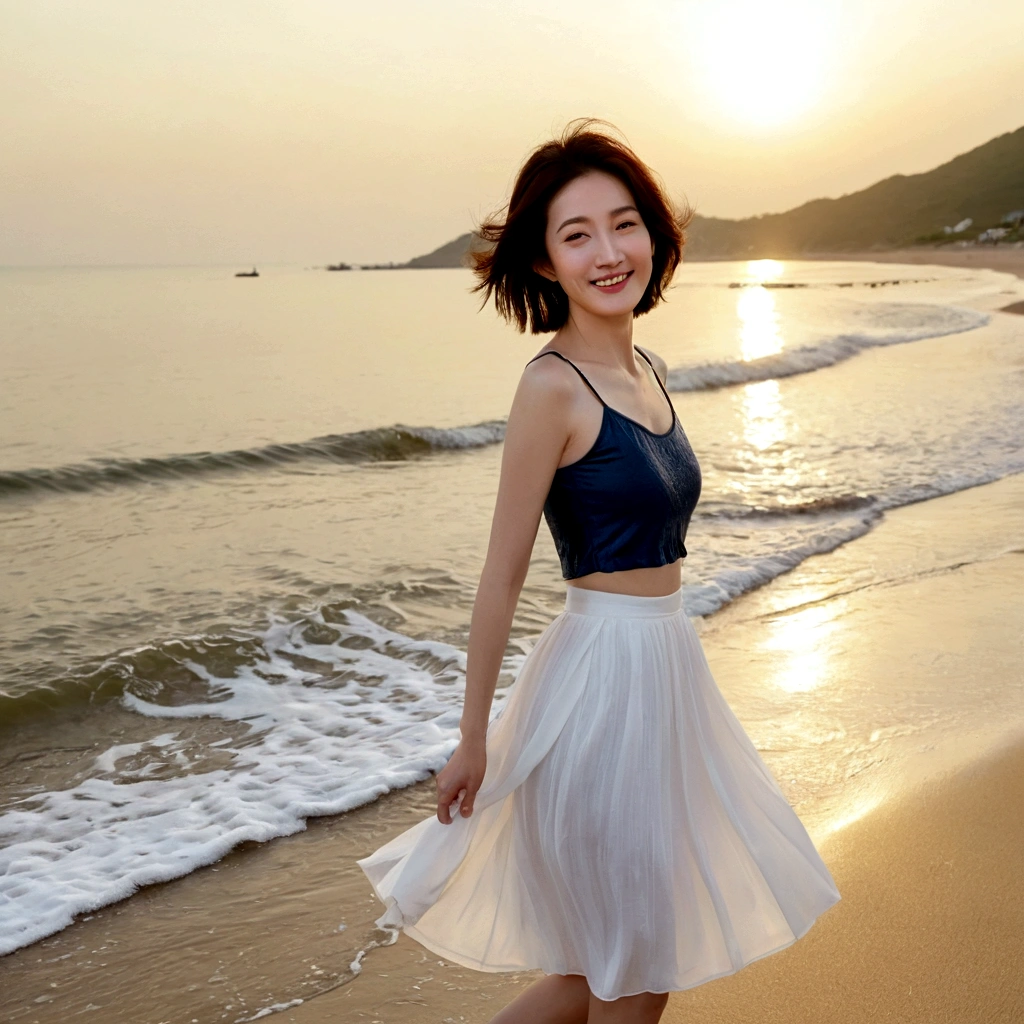 sunset on the beach,바다에 잔광이 비치네sunset on the beach 붉은 태양,A strong lingering scent is reflected in the sea., Beautiful 46-year-old short Korean woman, Chest size 34 inches, Wear sleeveless, white light skirt. beautiful pretty woman look , wearing a light skirt , Go far into the sea water and dip your toes., Short medium hair blowing in the wind, 1 short woman, beautiful eyes, a little smile, Full-body photo taken from afar with a wide-angle lens, The background is clean and perfect., waves moved by the wind, best high definition