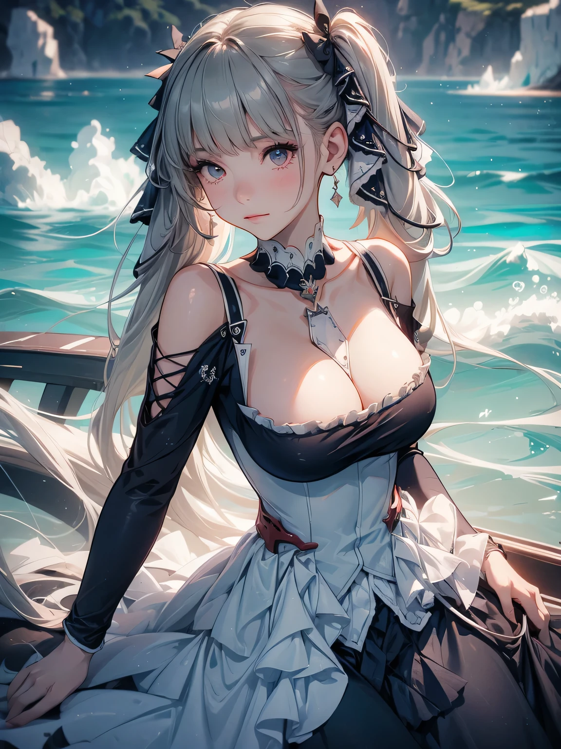 ((dress_default, terrific_default)):1.5,((solo, 1girl)) ((masterpiece,Highest quality,Highly detailed images,Beautiful images、Realistic、Dutch Angle)), (Bright lighting overall、Backlight、A fantastic atmosphere、Thick Fog、Dust flutters),(Dynamic pose、Beautiful cleavage、large breasts)1.2, ((Ocean、On the boat:1.2))((arms behind head))
