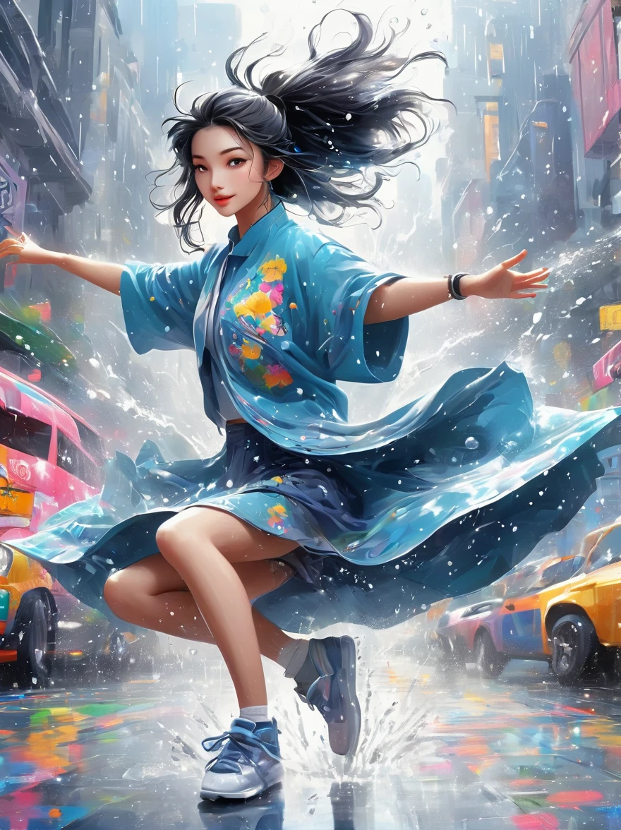 Cartoon illustration,Vector illustration,A girl full of energy,Showing off her breakdancing skills on a graffiti-covered urban dance floor,((beautiful eyes)),((Perfect and refined limbs)),She was barefoot,Loose and comfortable clothes,Perfect for dancing,Her black hair was tied into a high ponytail.,One hand rotation,Spin your feet in the air,(heavy rain:1.5),(The scene is filled with cold rain),The audience was impressed,She performed a complex move with ease.,The energy she captures is palpable,The air is filled with the rhythm of street music,(masterpiece,Best quality:1.2),lifelike,Reality,梦幻般的Light芒,错综复杂的detail,Ultra Detailed,detail,High contrast,美丽细致的Light芒,Bright,更多detail,精细发Light,very fine 8K CG wallpaper,Depth of Field,Abuse of color difference,Soft colors,非常精致的Light线,眩Light,Light,Light粒子,reflection