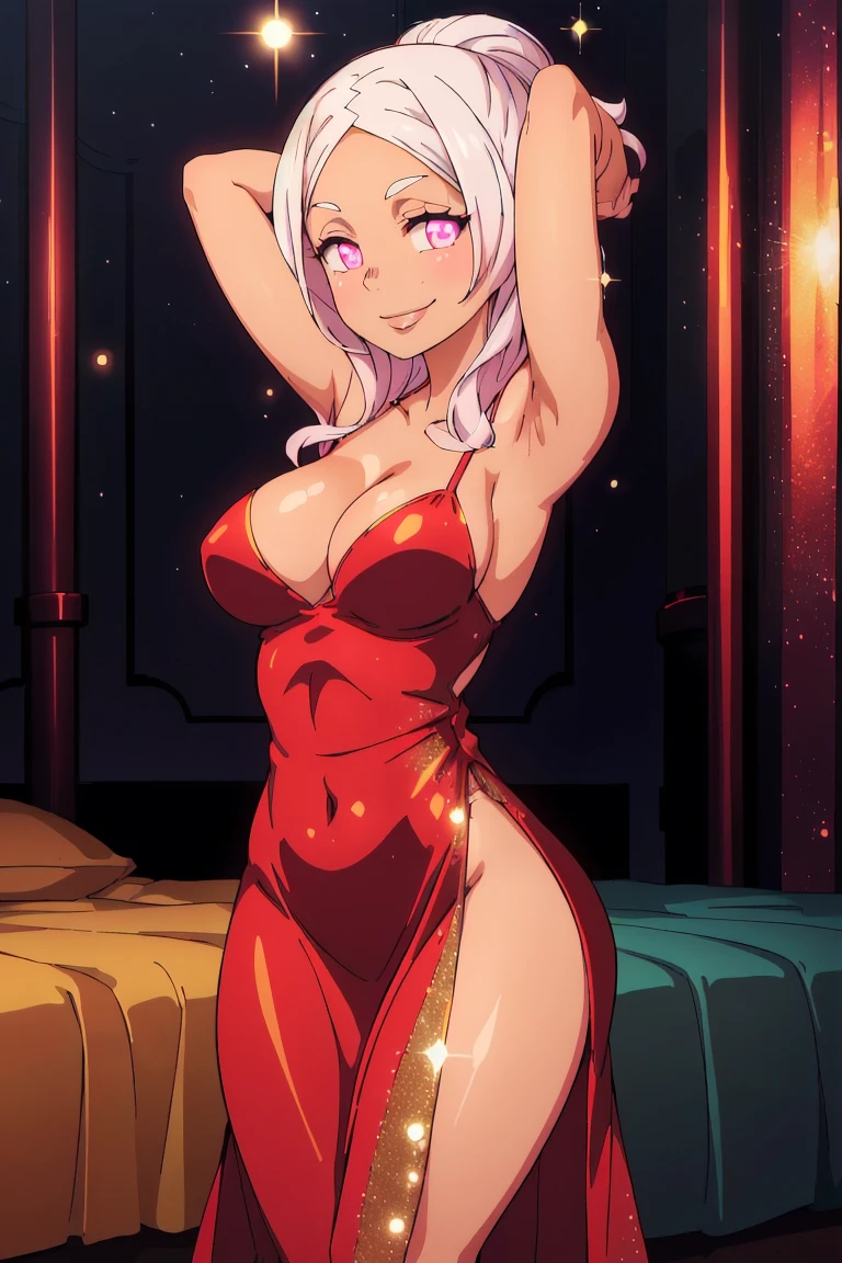 Hibana, 1girl, solo, glowing eyes, ((hair tied up)), ((wearing red slip dress)), looking at viewer, smile, hands behind head,(((glitter on dress))),(((night club background))), ((spotlights)), perfect quality, good quality, masterpiece, HDR, UHD , big breasts, room, bed