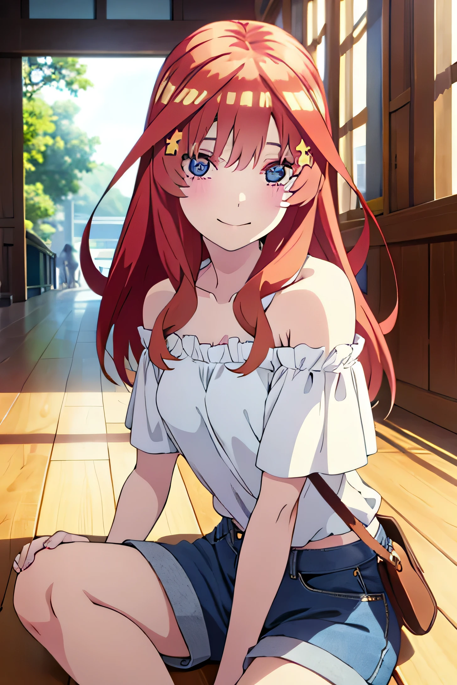 Best masterpiece, anime coloring, ultra-detail, 8k、((Sitting on the open corridor))、summer, morning, sun、White off-shoulder jeans with shorts、from below、looking down、smile