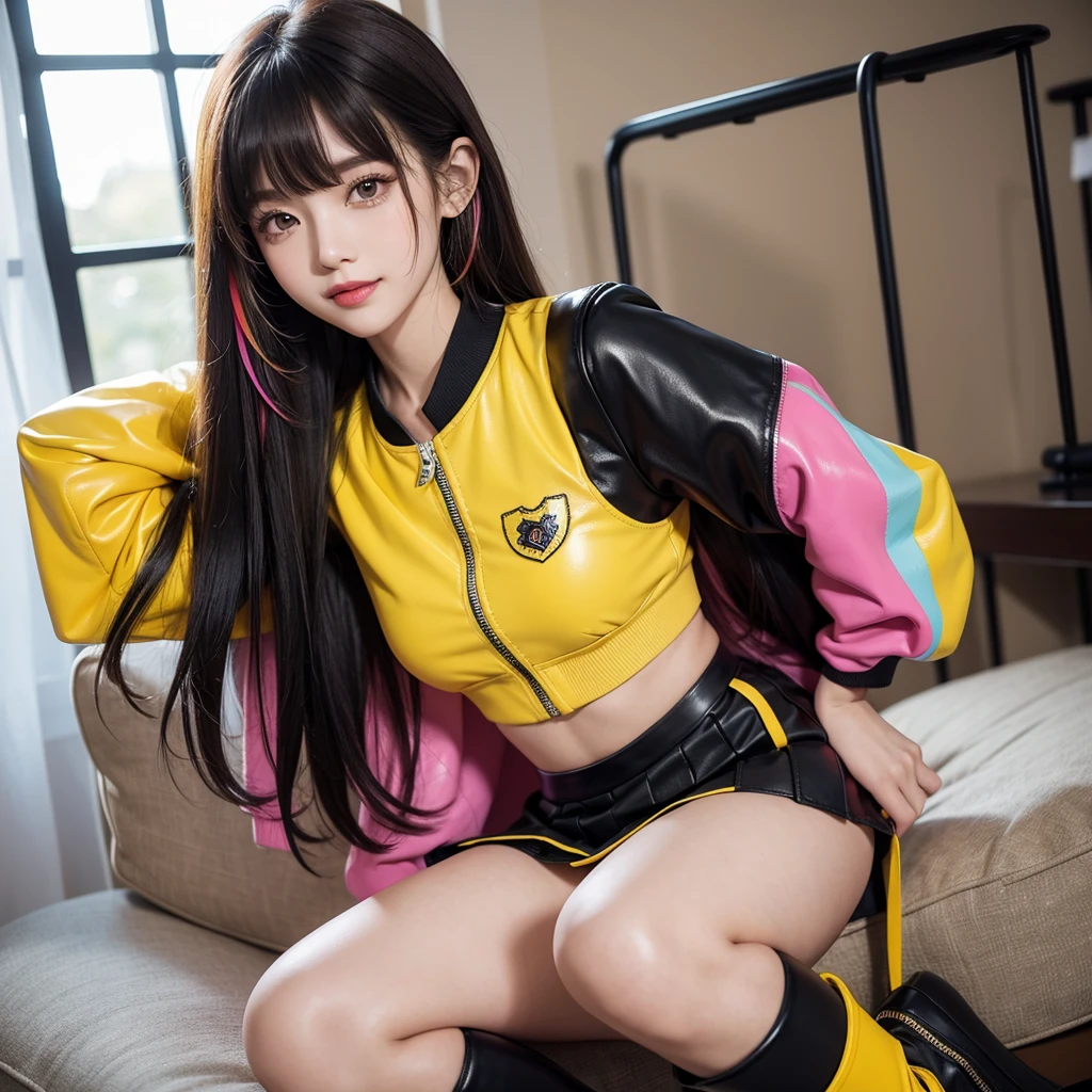 bangs down，beautiful girl，Maid clotheasterpiece，perfect face，perfect breasts，long hair，Colorful clothes，Outstanding style，stimulating，Cute outfits，Horny girl，double eyelid，Naughty Girls，Erotic and cute，mini skirt，ribbon on uniform，colorful hair color，yellow eyes，leather jacket，horny girl，Knee-high boots，
Colorful，multicoloured，future fashion，smile，，zipper bra，Multicolored clothing