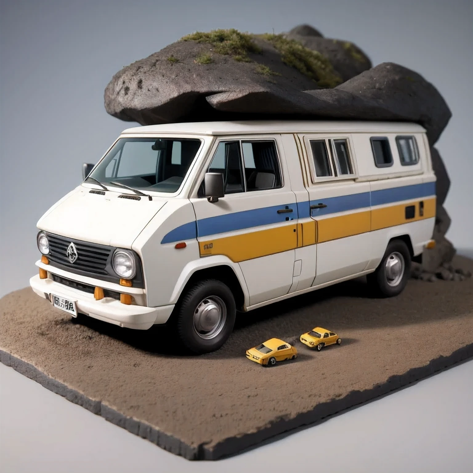 there is a small model of a camper van in a cave, stylized 3d render, 3d illustration, 3 d illustration, highly detailed diorama, 3 d low poly render, 3d low poly render, low poly 3 d, highly detailed sculpey diorama, lowpoly, low poly render, diorama model, low poly 3 d render, diorama