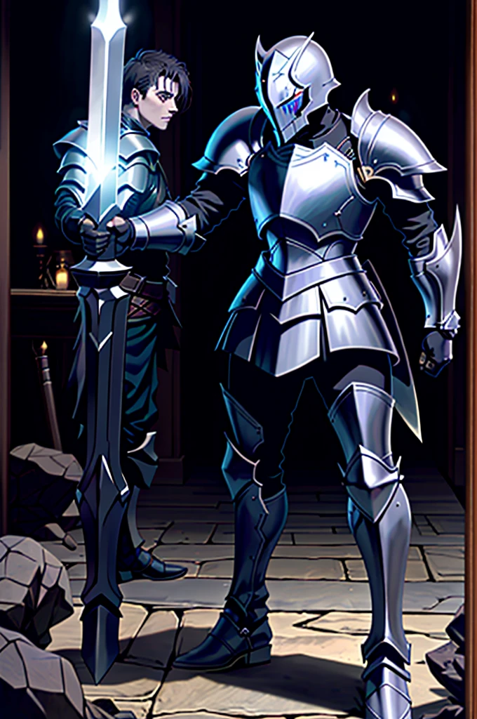 A man in armor holding an Excalibur sword and a Powerful Shield of darkness, powerful boots, pale black armor, evil knight, in monster hunter armor, with Robert Pattinson's face, similar to Marvel's Black Knight, very strong, Marvel Hero style, 8K, best qualityer, appearing full body in the image, running on the road.