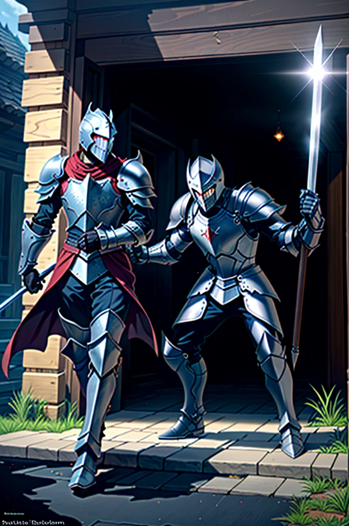 A man in armor holding an Excalibur sword and a Powerful Shield of darkness, powerful boots, pale black armor, evil knight, in monster hunter armor, with Robert Pattinson's face, similar to Marvel's Black Knight, very strong, Marvel Hero style, 8K, best qualityer, appearing full body in the image, running on the road.