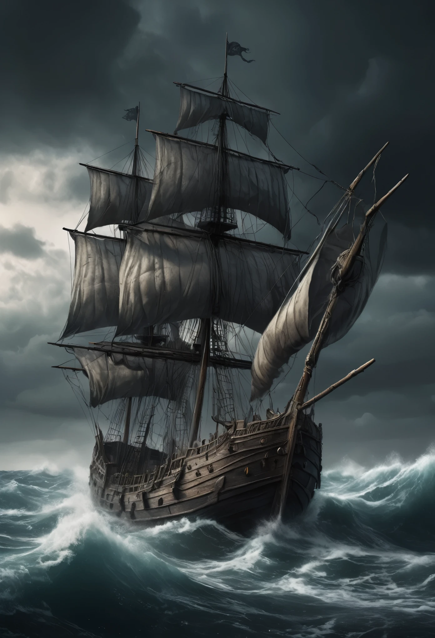 a medieval ship drawing in the middle of waves, no crew, detailed illustration, highly realistic, cinematic lighting, dramatic ocean, stormy sky, moody atmosphere, dramatic colors, epic fantasy preto e Branco,tons neutros