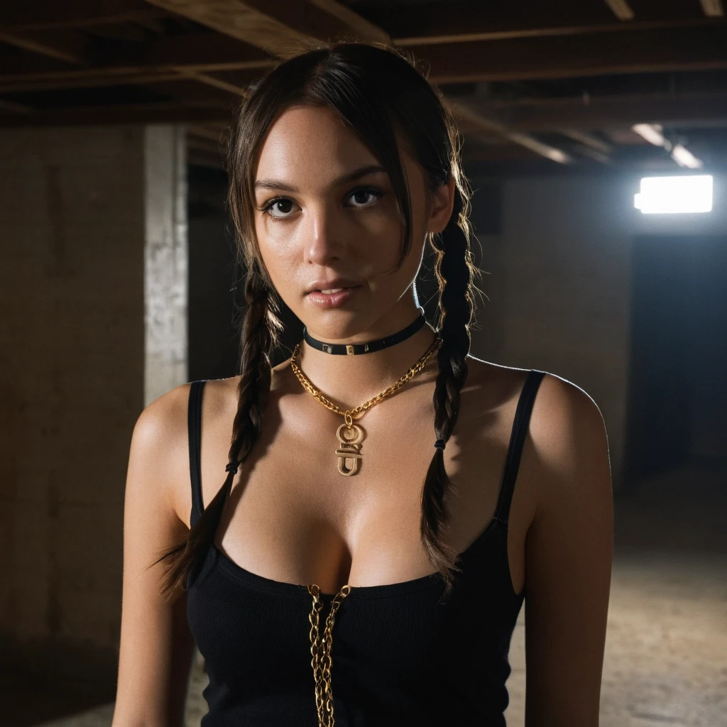 portrait photo of a sultry woman in pigtails looking at viewer, wearing choker and simple gold link necklace, in basement, (masterpiece, extremely detailed skin, photorealistic, heavy shadow, dramatic and cinematic lighting, key light, fill light)