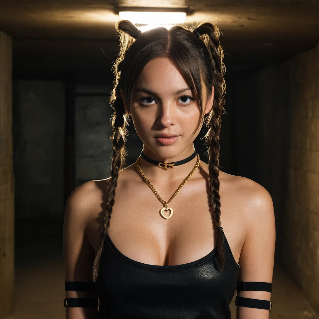 portrait photo of a sultry woman in pigtails looking at viewer, wearing choker and simple gold link necklace, in basement, (masterpiece, extremely detailed skin, photorealistic, heavy shadow, dramatic and cinematic lighting, key light, fill light)