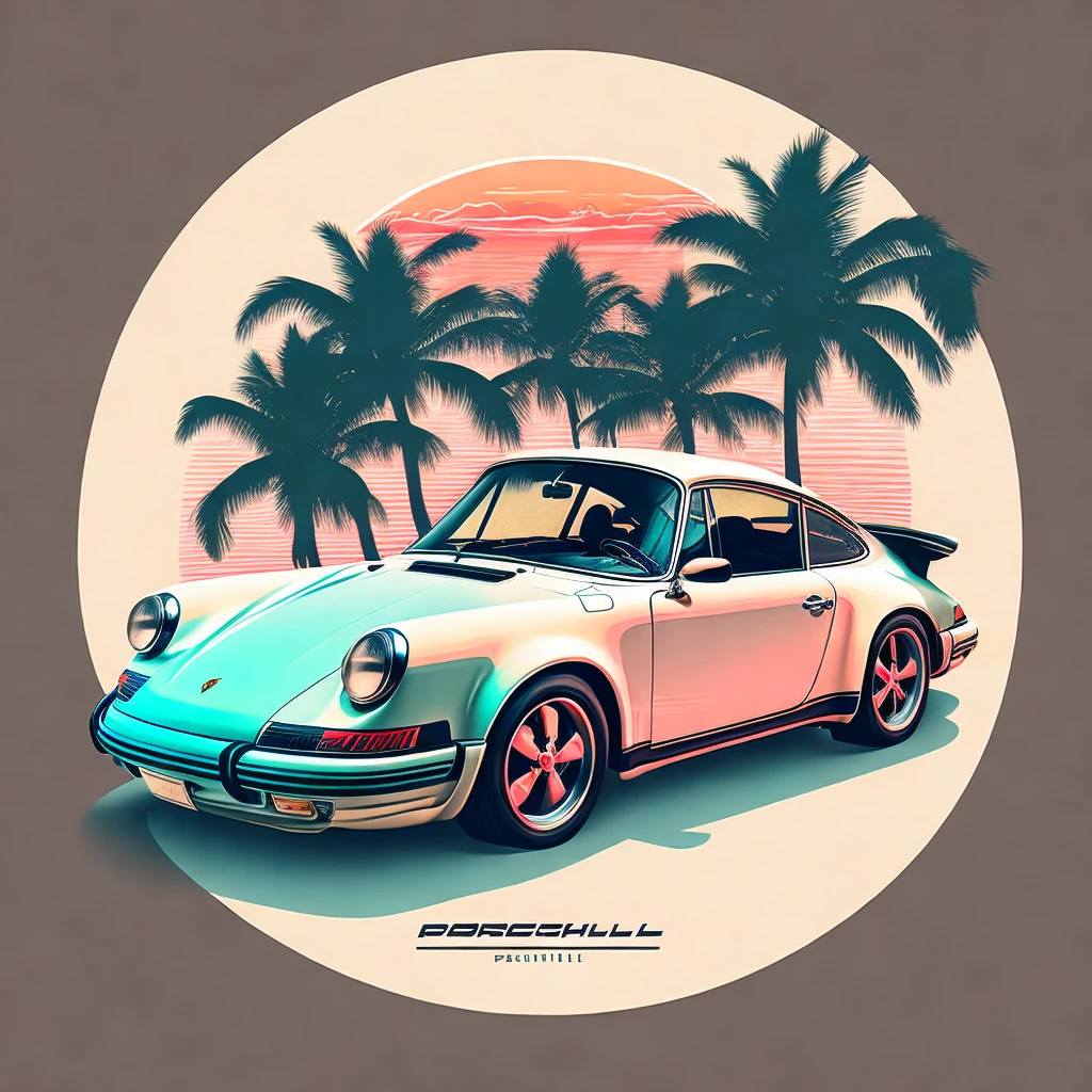 Art for t-shirt graphic design, a retro graphic design, porsche 911, two miami, soft four-color color, vintage pastel tone, highly detailed cleanliness, vector image, masterpiece realistic, professional photograpy, realistic car, simple car sunrise background, plain black background, isometric, vibrant vector