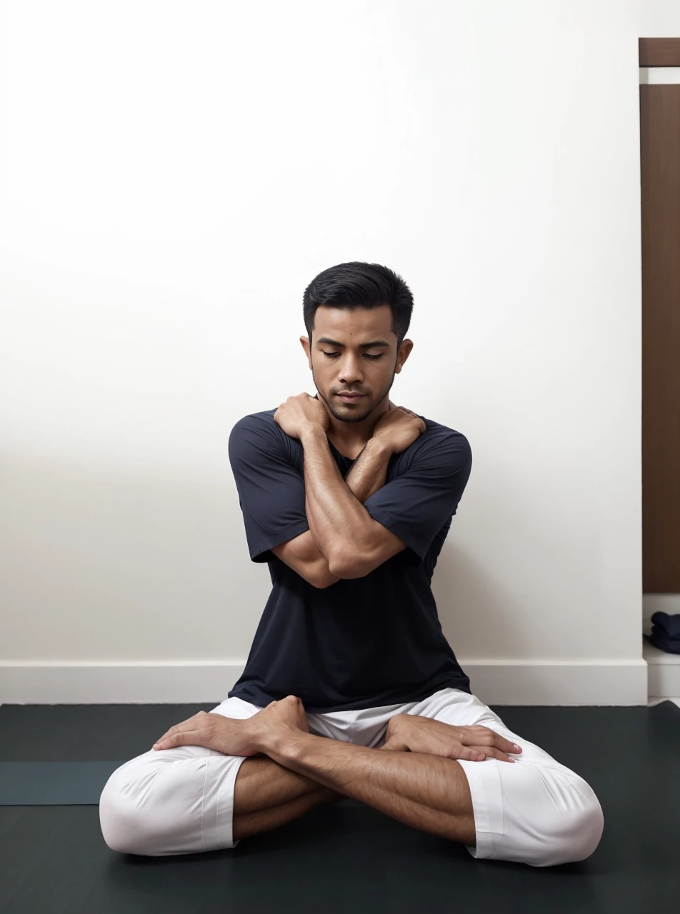 Man doing yoga posture, exact same pose as image, different haircut, hall shaolin background, stocky body, detail and intricate fingers, long and gentle nails bed, sketch and painting, wears suitable clothes for yoga