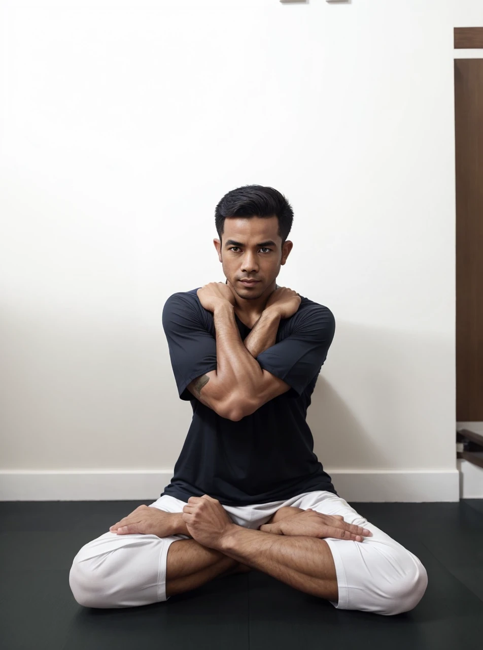 Man doing yoga posture, exact same pose as image, different haircut, hall shaolin background, stocky body, detail and intricate fingers, long and gentle nails bed, sketch and painting, wears suitable clothes for yoga
