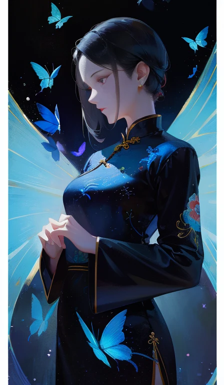 woman，26 years old，Mature，Wear a black cheongsam，Cheongsam embroidered with blue butterflies， mystery，reality，meticulous。
