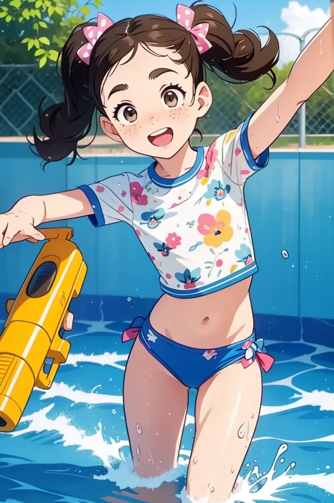 masterpiece,Highest quality,Cute doodles,Hilarious, Honor student, 8-year-old,Low length,Curly Hair, Twin tail hair,Vibrant, inquisitive eyes,freckles,Thick eyebrows,Open Fly,Swim in a simple pool in your garden,Jojo Fashion,Water gun,Wet body,たくさんのsplash,Water Drop,enjoy playing in the water,splash,