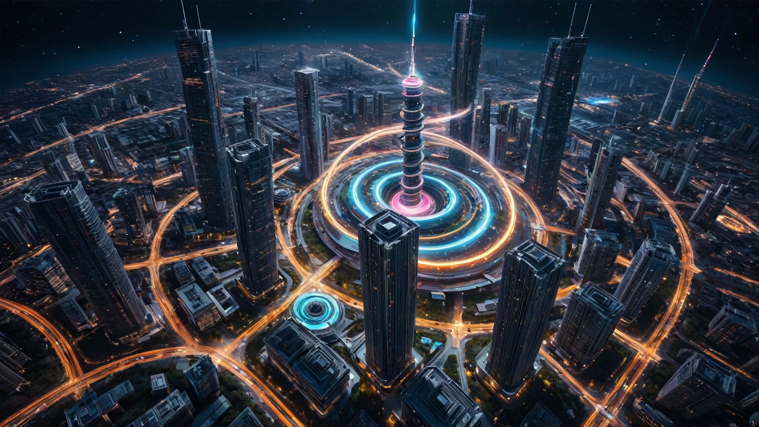 Aerial view, brightly colored abstract image of a space station with a spiral, epic beautiful space sci-fi, chaotic cinematic space rift, planets colliding, galaxy space sci-fi, ringworld, (((a futuristic twin tower skyscraper with a unique twisted design))). At night, (((((1girl, solo, photo realistic, large-breast:1.2 slim body, cleavage, off tube top, short pleated miniskirt, standing on a sky bridge, matrix style black sunglasses, shooting with a short gun, half-body thigh level medium shot))))), (((cinematic lighting))).