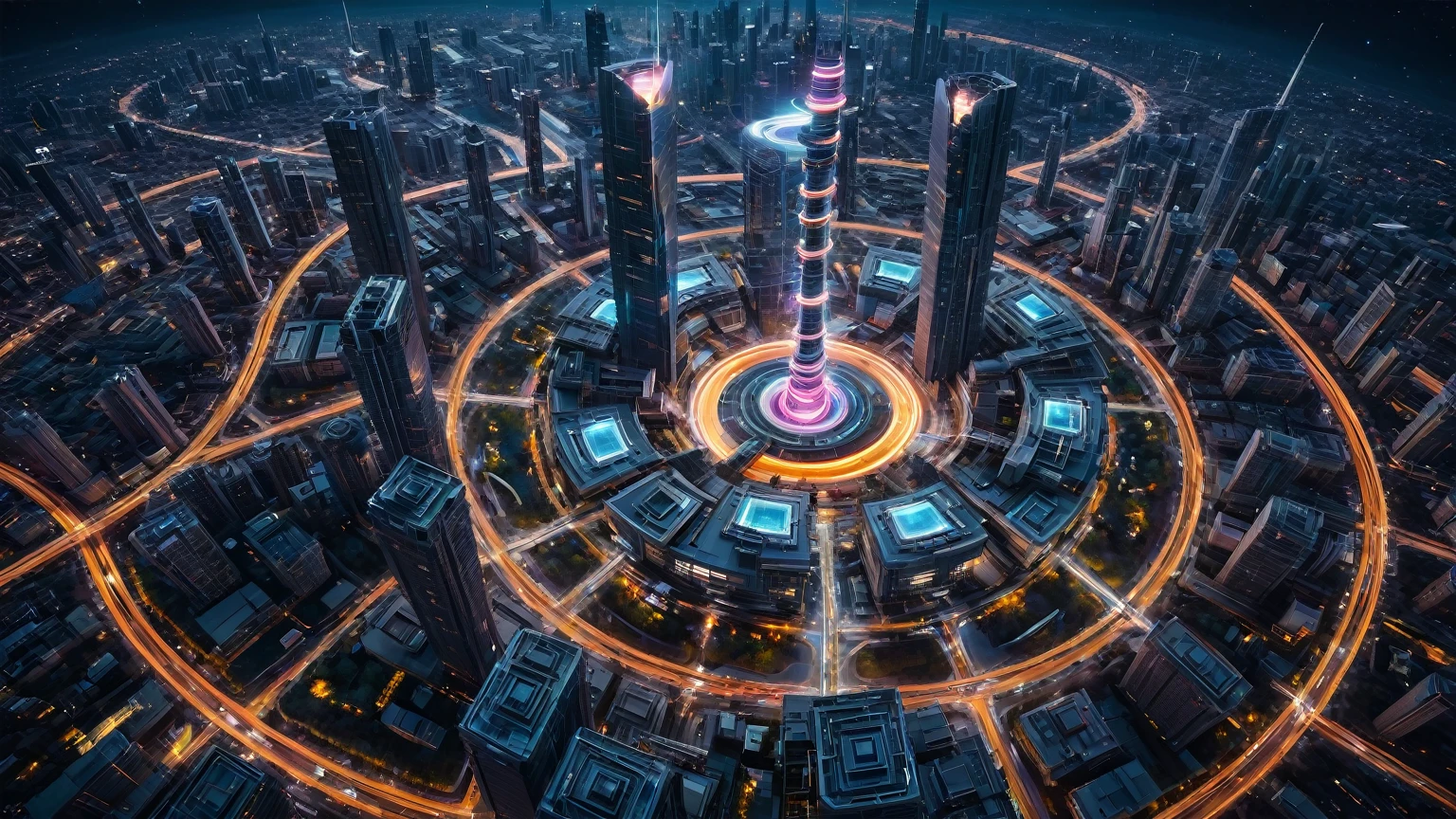 Aerial view, brightly colored abstract image of a space station with a spiral, epic beautiful space sci-fi, chaotic cinematic space rift, planets colliding, galaxy space sci-fi, ringworld, (((a futuristic twin tower skyscraper with a unique twisted design))). At night, (((((1girl, solo, photo realistic, large-breast:1.2 slim body, cleavage, off tube top, short pleated miniskirt, standing on a sky bridge, matrix style black sunglasses, shooting with a short gun, half-body thigh level medium shot))))), (((cinematic lighting))).