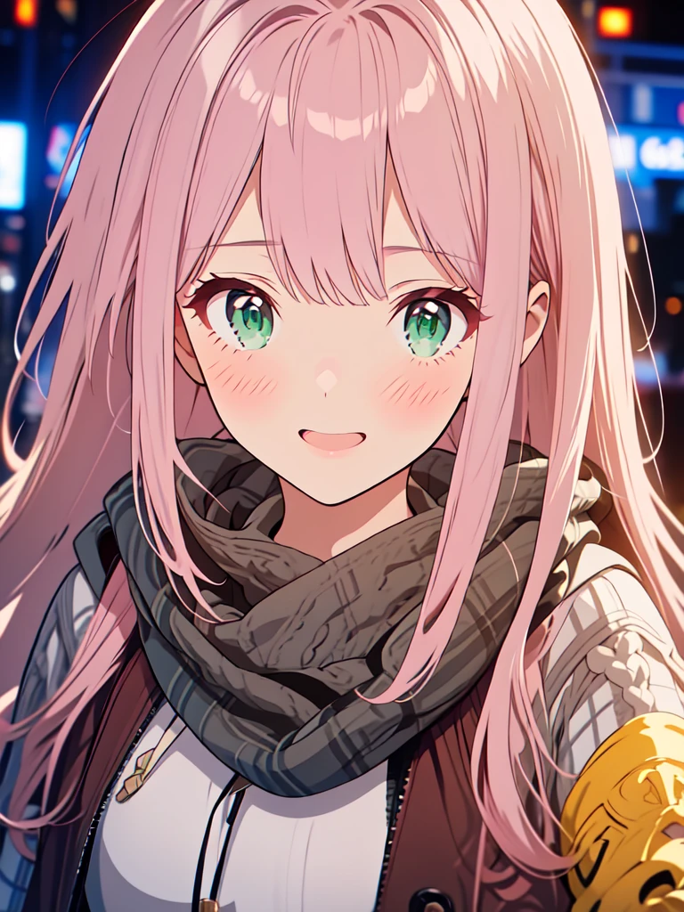 {{{{tmasterpiece}}}}, {{{ultra - detailed}}}, {{{A high resolution}}}, {{Good anatomy}}, (((Best quality at best))), ((Maximalism)),((Emerald eyes,with pink hair)),{{Extremely detailed and refined}}, {8k CG wallpaper}, {{illustratio,Get on camera,closeup of face,Face portrait}}, (long whitr hair|detailed hair|bluntbangs|shinny hair),((shirt coat: The gray,plaid shirt,Outerwear with hoodie,brown knitted scarf)),proud face,Blushing with joy,girlfriend lens,(1 girl:1), Alone,little breast, (color difference:1.2)
