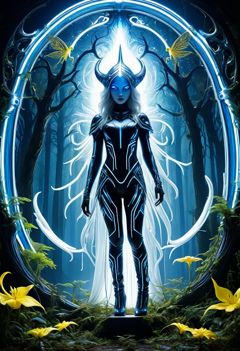 A real and terrifying work of art with an upside down,number effect, error effect,
effect error, blue neon lighting,white,yellow, very dazzlingly bright, and dazzling bright themes,
featuring mythical creatures, futuristic elements,
and gothic aesthetics,
a fairy, with unique features like shining eyes, standing in a large alien ornament, in an old forest,with giant statues all around,dramatic,ultra hd