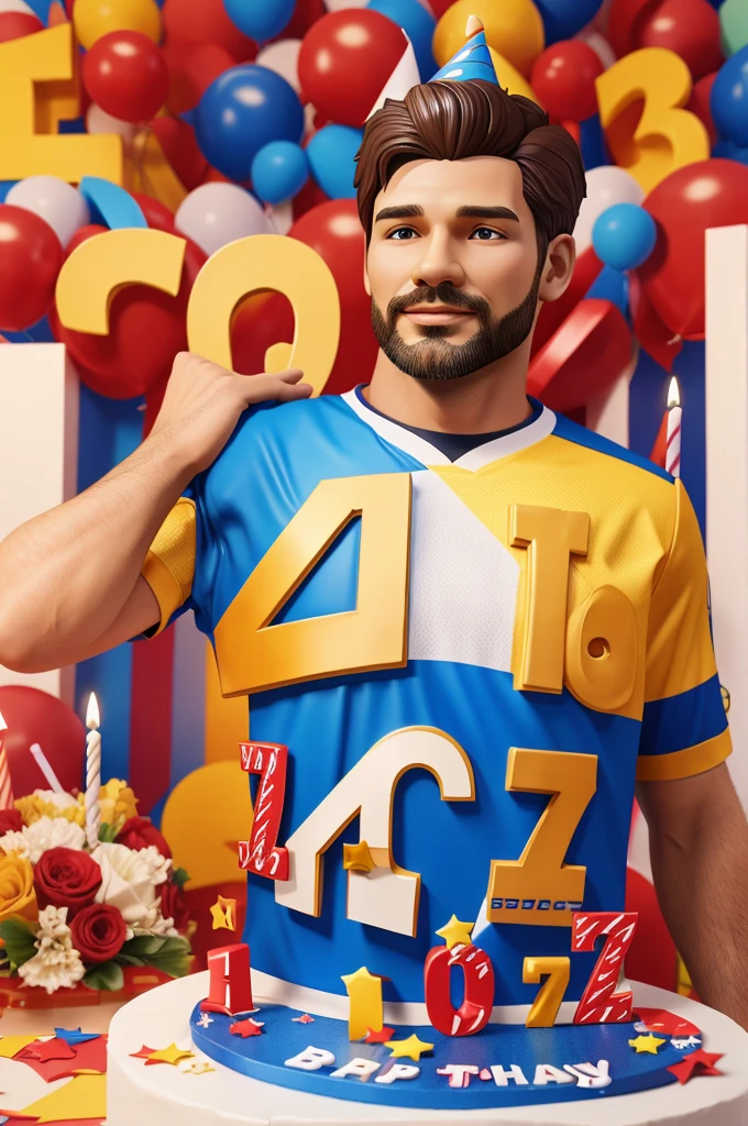 Create 3d illustration HAPPY BIRTHDAY WRITTEN IN Background  a man with 7 number jersey