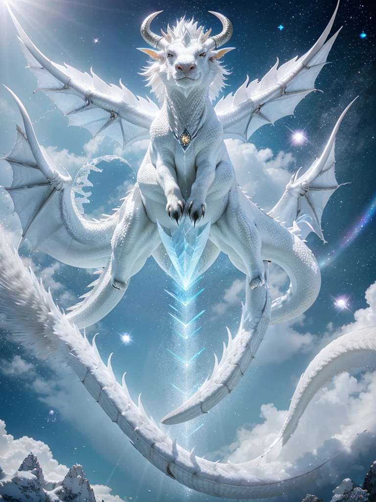 crystalline white dragon with friendly and soft features with a circle of silver energy between the two white horns and paws with sacred geometry shining in sky blue