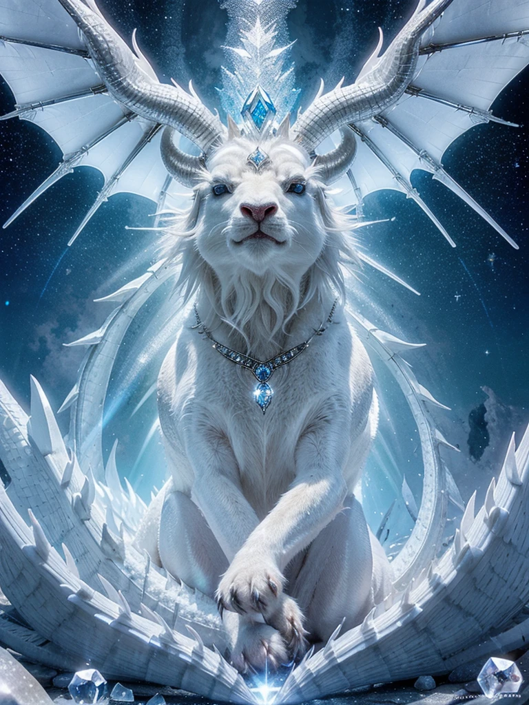crystalline white dragon with friendly and soft features with a circle of silver energy between the two white horns and paws with sacred geometry shining in sky blue 