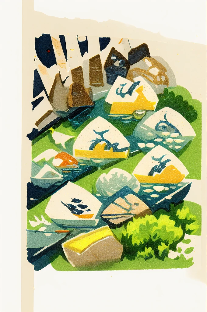 Illustration: Simple woodblock printing style. Nigiri sushi rice is shaped into small balls and then raw fish or other seafood is placed on top of the rice. Wasabi is often used between the rice and fish. Sometimes a seaweed rope may be used to tie them. 1 pair placed on a wooden tray with a wasabi stick and a soy sauce bottle.
