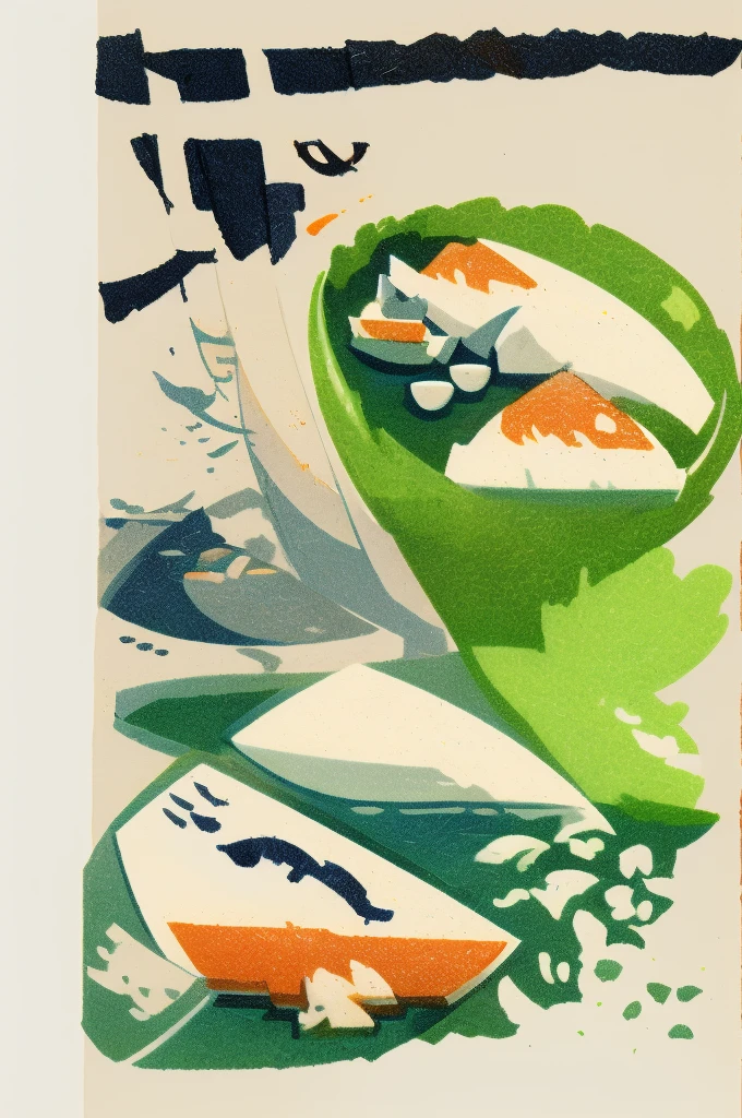 Illustration: Simple woodblock printing style. Nigiri sushi rice is shaped into small balls and then raw fish or other seafood is placed on top of the rice. Wasabi is often used between the rice and fish. Sometimes a seaweed rope may be used to tie them. 1 pair placed on a wooden tray with a wasabi stick and a soy sauce bottle.