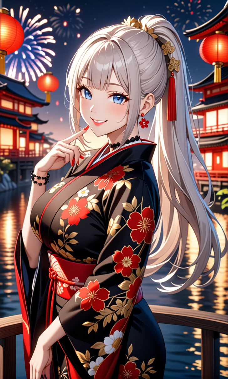 ultra-detailed, ((one girl)), hyper detailed, absurdres, 8K, Beautiful Face, (Laugh shyly), ((teasing smile:1.8)), ((Wink:1.8)), (Laugh with your mouth wide open),(Tilt your head:1.3),(Licking your fingers:1.8), View your viewers, ((Bright red cheeks:1.6)),Glossy Red Lips, ((Big Breasts:1.5)), (valley),night, You can see the sea horizon,On Bridge, firework, (Brighten your face), Woman in black kimono, ((Anime style background)),masterpiece, Highest quality, so beautiful,Latest, Complex details, (Pink long nails), (nail art), (ring),(bracelet), (Floral Choker),AI-generated, Complex,High resolution, Highest quality, super high quality,3D Images、3D Images,One person,((Long white hair)),(High Ponytail), Anime woman posing for a photo, ((Fine grain、blue eyes、glowing eyes:1.4)), (Silver Eyes), (Squint your eyes:1.1),a hyperRealistic , hyperRealistic , Realistic, White long hair anime woman, Smooth anime CG art, A girl in a gorgeous kimono with gold embroidery, ((black furisode:1.5),(Red large floral pattern) ,Long flower hair ornament,Floral Earrings,Mature Body, tall,Abdominal muscles,Tight waist, ((arched back:1.9)), (front view),