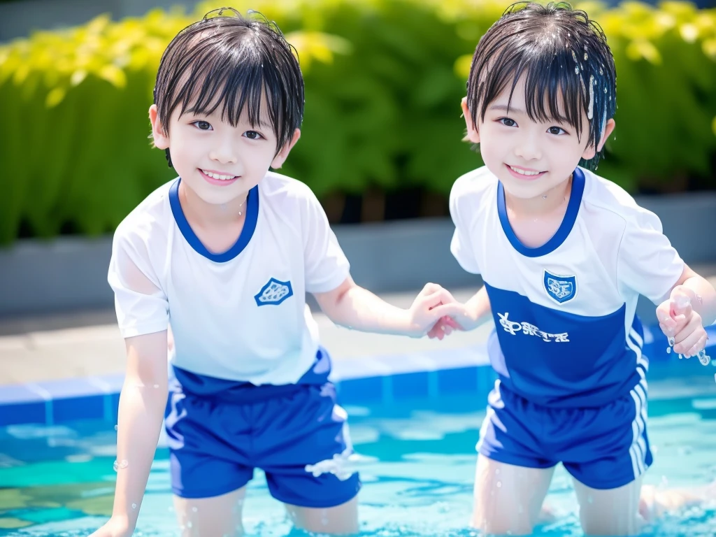 hot summer、、Summer swimming pool、Fun every day、Get wet all over、Japan Boy、Glowing water splashes、Pool lessons、Boy playing in water、The happy boys、Strong sunlight、Short sleeve gym uniform、Blue shorts、barefoot，Boys only 、１０age、high resolution、masterpiece