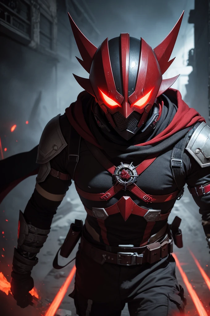 Apex man, masked, red aura, murderous, Mysterious, grimdark, psychopath, Manic, legendary, skilled, epic, overpower, with chaotic scenery 