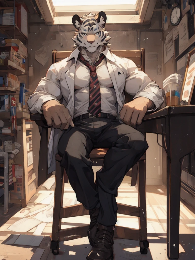{{bara extremely handsome white tiger,}} {{white fur,}} white, wearing military like purple trench coat, purple trousers, white dress shirt and necktie, white fluffy furry body and limbs, loafers, very tall, very broad shoulders, narrow waist, muscular arms, massive pecs, purple eyes, very long legs, sitting on swivel chair with legs spread, from below perspective, massive bulge, sophisticated hot look, sexy pose, full body, sunlight casting over, 3/4 view, best quality, high quality, silver earring on left ear, sultry smirk