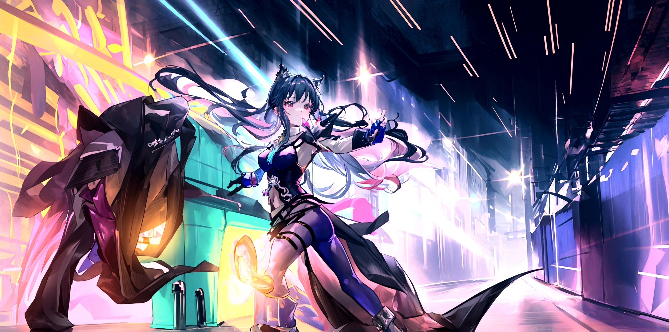 An anime-style vibrant dance hall with only one person dancing joyfully under colorful lights. The atmosphere is electric, with neon lights and a disco ball casting dynamic patterns across the floor. The dancer is dressed in a stylish outfit, moving energetically to the music. The walls are adorned with bright, colorful decorations, and the overall mood is festive and exhilarating. The dance floor is spacious, and the energy of the single dancer is palpable as they enjoy the night.masterpiece , best quality