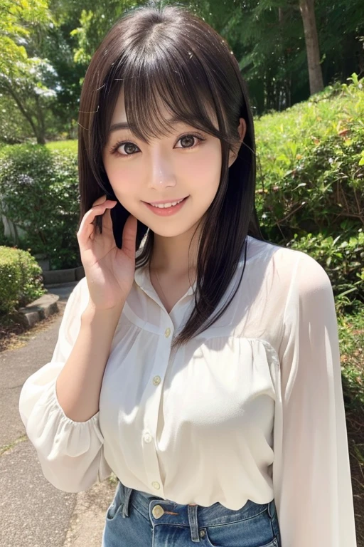A beautiful woman like Haruka Fukuhara。Medium-long black hair with bangs、With big eyes and a soft expression。She has fair skin and wears natural makeup.。Wearing a white blouse and jeans、Smiling in nature。in a realistic style。